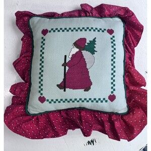 Vtg Handmade Needlepoint Santa Holiday Christmas Pillow Red Green Homespun Heart